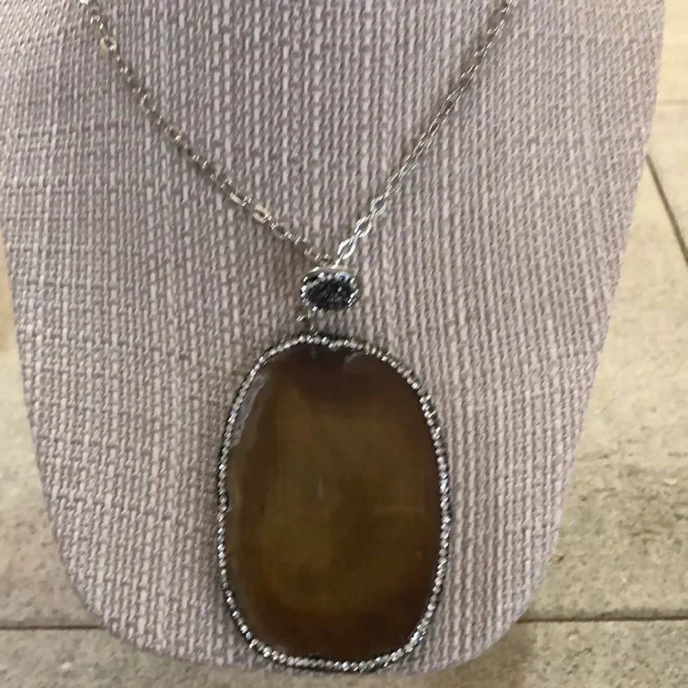 New brown agate pave necklace silver Bohemian
